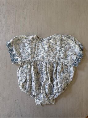 Rylee & Cru Floral Baby Romper with Scalloped Trim - Blue on Cream